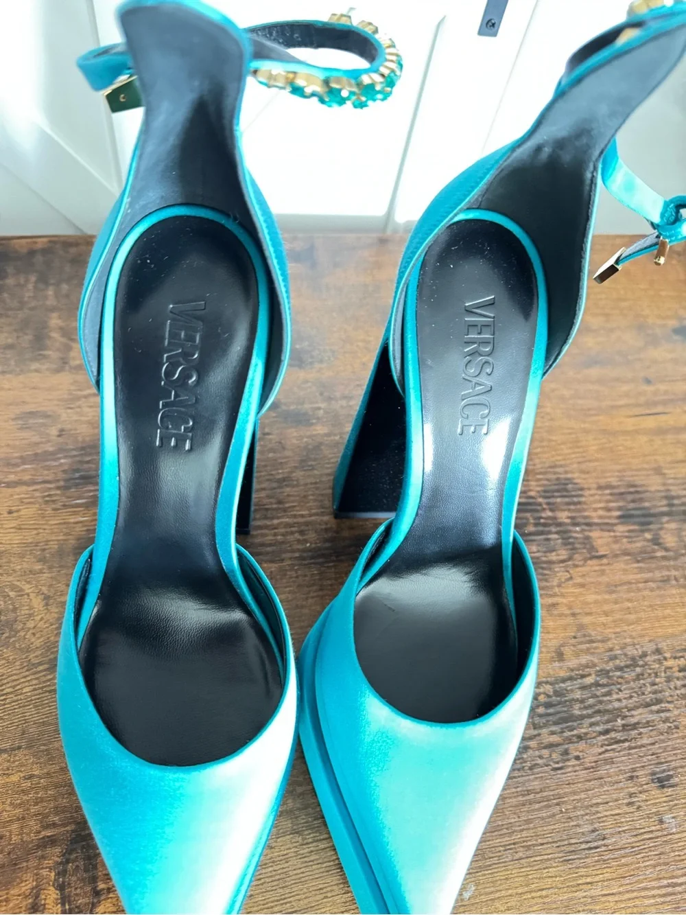 Versace Turquoise Satin Pointed Platform Ankle Strap Pumps